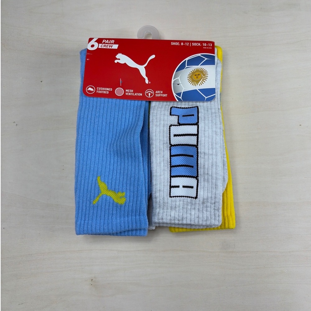 Puma Mens Argentina Crew Socks 6 Pair Pack Blue White Yellow Shoe Size 8-12 NEW